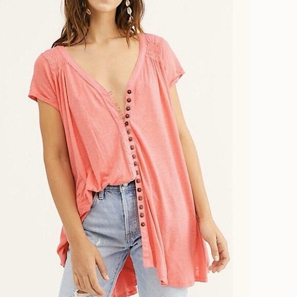 Free People Oversized Short Sleeve Button Front High Low Boho Blouse Size Medium - Picture 5 of 11